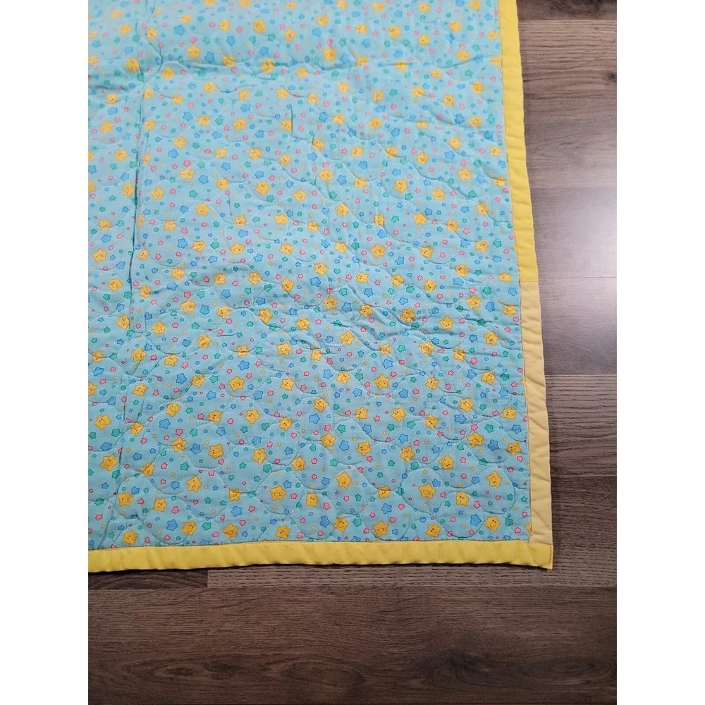 Vintage Care Bears Baby Blanket Crib Quilt Rainbow Trail Yellow Trim 41x33 Throw